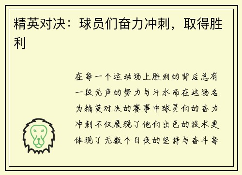 精英对决：球员们奋力冲刺，取得胜利